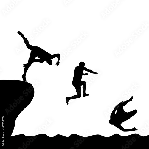 Silhouettes of men jumping into water