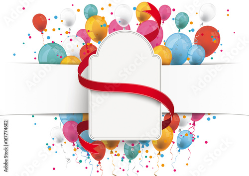 White Paper Banner Rectangle Emblem Red Ribbon Balloons