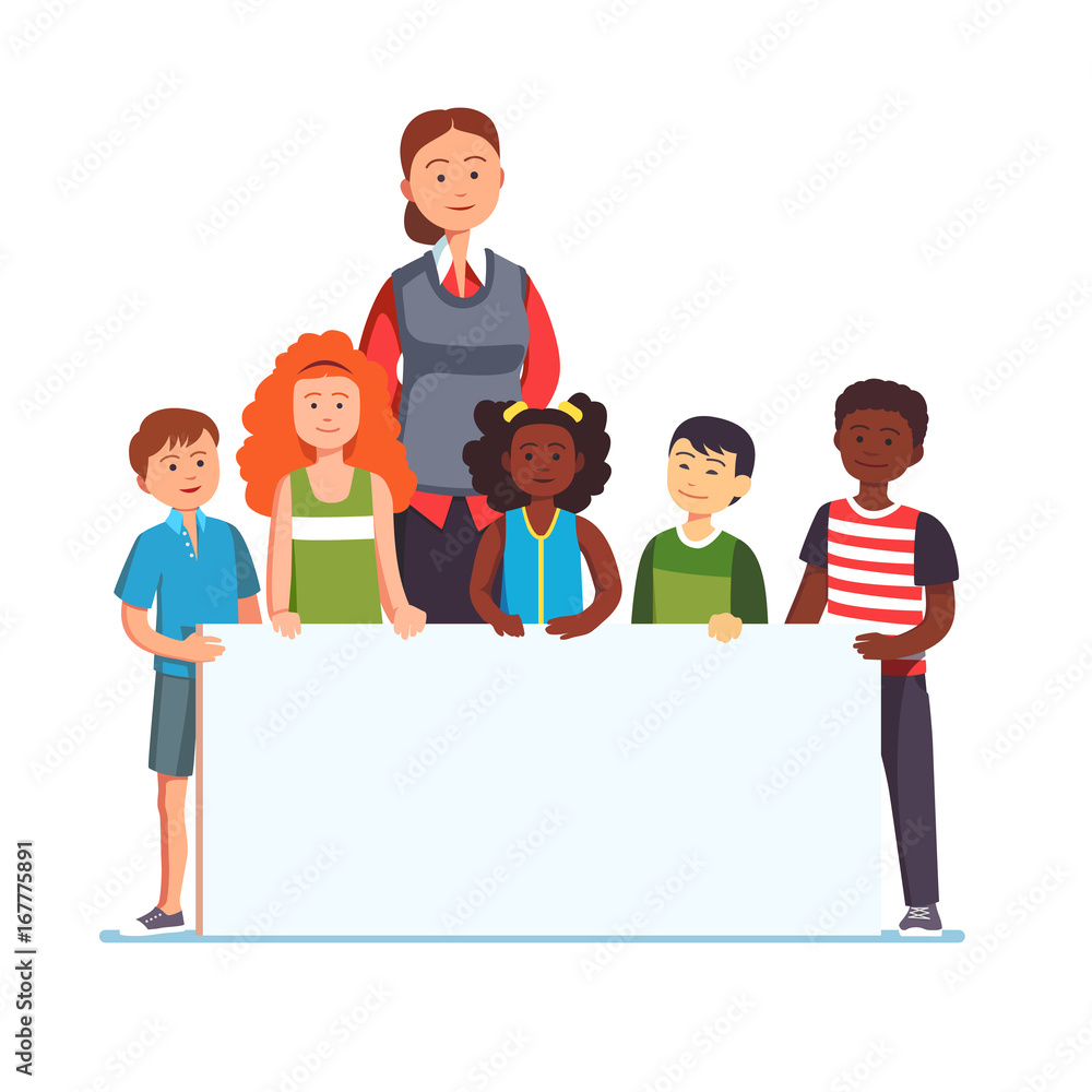 Woman teacher with group of kids holding banner Woman teacher with group of kids holding banner