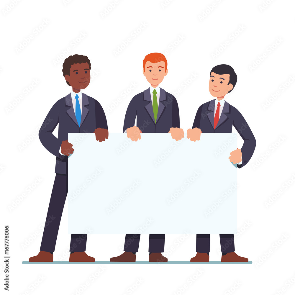 Businessmen standing and holding blank banner Businessmen standing and holding blank banner