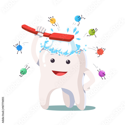 Happy white tooth brushing himself with toothbrush