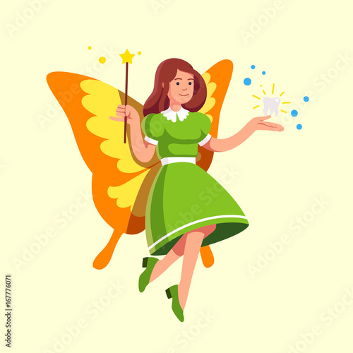 Flying tooth fairy in dress holding magic wand
