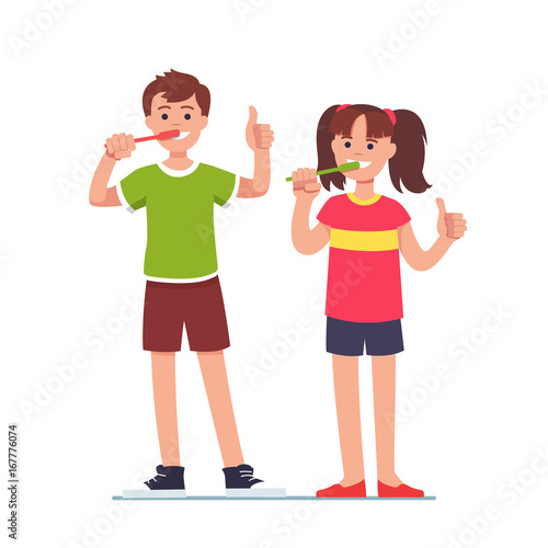 Girl and boy brushing teeth with toothbrushes