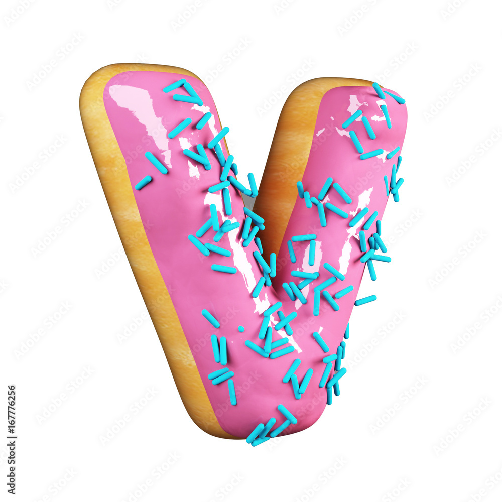 Rose Glazed Donut Font Concept with blue sprinkles. Delicious Letter V. 3d rendering isolated on white background Rose Glazed Donut Font Concept with blue sprinkles. Delicious Letter V. 3d rendering isolated on white background