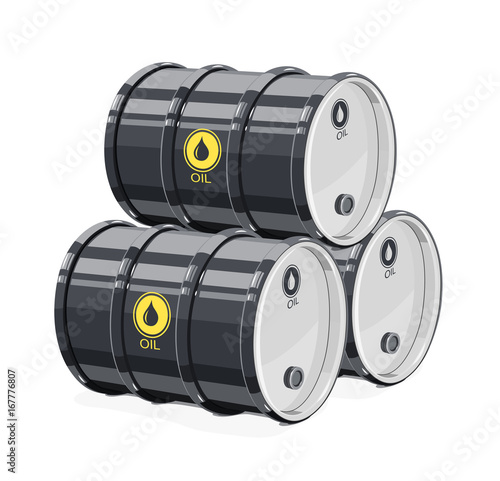 Three Black metal barrel for oil. Equipment transportation fuel.