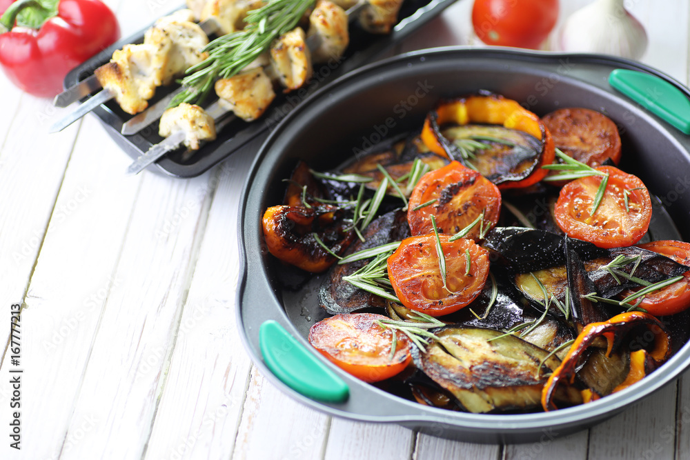 Vegetables grilled pan fried eggplant and tomatoes Vegetables grilled pan fried eggplant and tomatoes