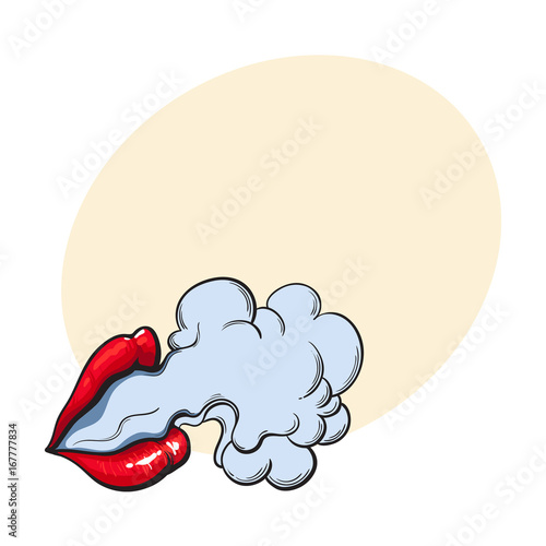 Beautiful female lips with red shiny lipstick emitting smoke cloud, sketch style vector illustration with space for text.