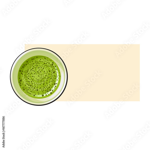 Top view drawing of matcha green tea drink in cup, sketch style vector illustration with space for text. Realistic hand drawing of matcha green tea in white cup
