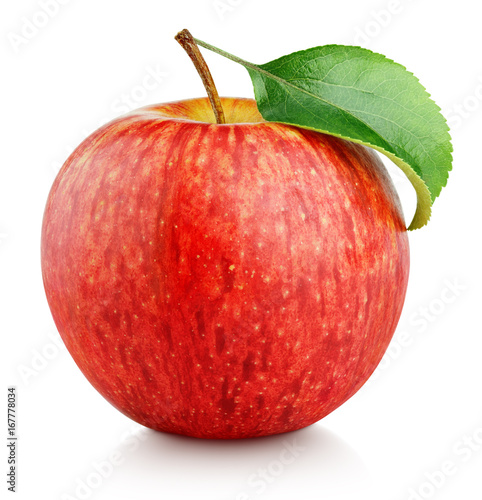 Single ripe red apple fruit with green leaf isolated on white background with clipping path