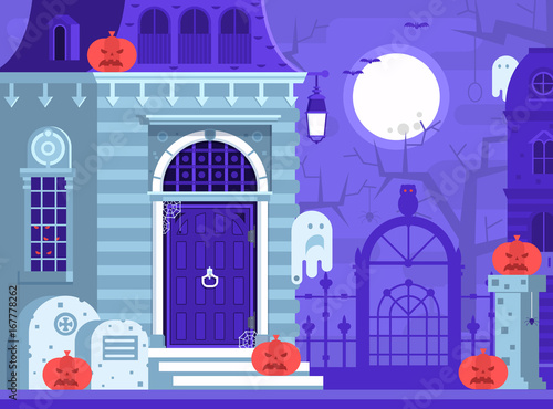 Halloween ghost house scene with victorian haunted mansion entrance, old cemetery, spooks and gallows tree by full moon night. Horror story or scary tale concept vector illustration.