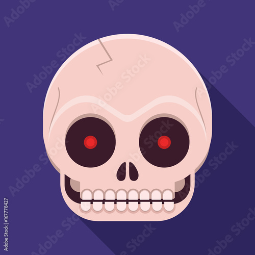 Funny human skull icon with long shadow. Skeleton face vector illustration in flat design.