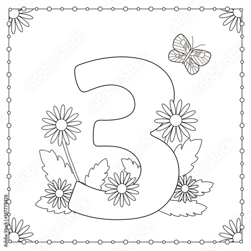 Numeral three with flowers, leaves and butterfly. Coloring page