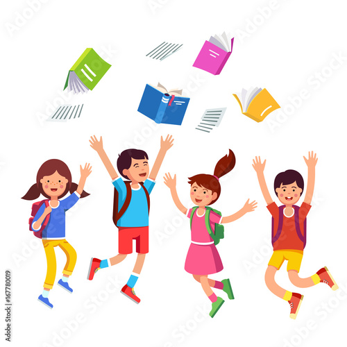 Student kids jumping raising hands above head