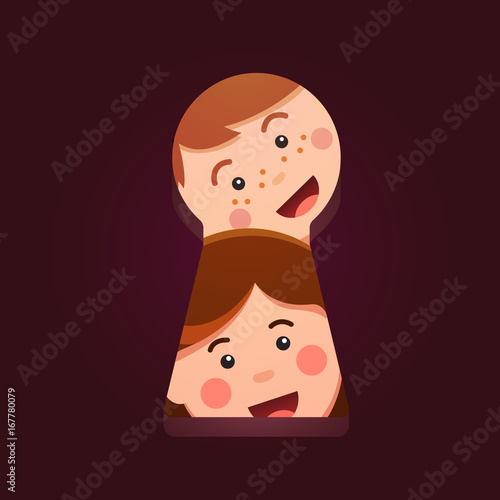 Kids faces looking peeping through big keyhole