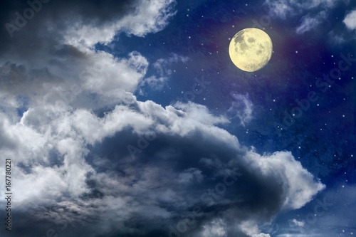 Night sky and light of the moon . Moon sky and clouds . Beautiful clouds . Dramatic nature background . Arab night 