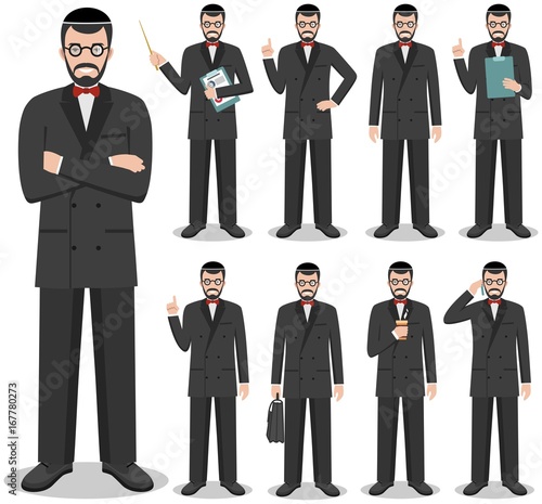 Business concept. Detailed illustration of jewish businessman standing in different positions in flat style isolated on white background. Vector illustration.