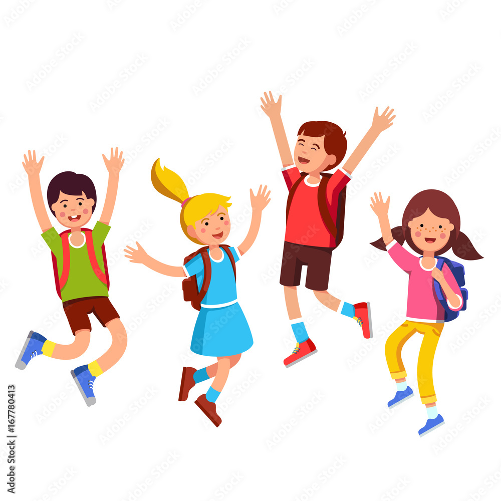 Happy student kids jumping up with raised hands Happy student kids jumping up with raised hands