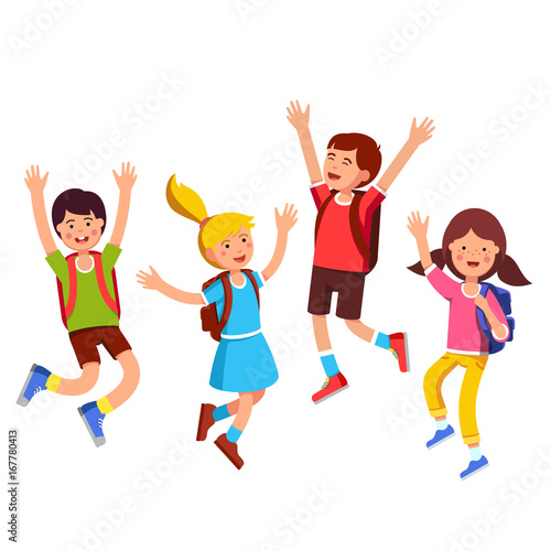 Happy student kids jumping up with raised hands