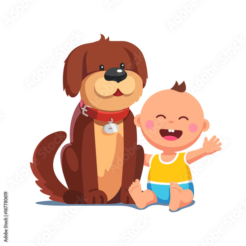 Baby boy sitting together with big brown dog