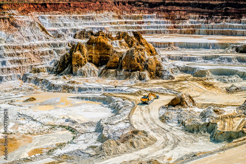 Kaolin quarry with white plaster material and excavator