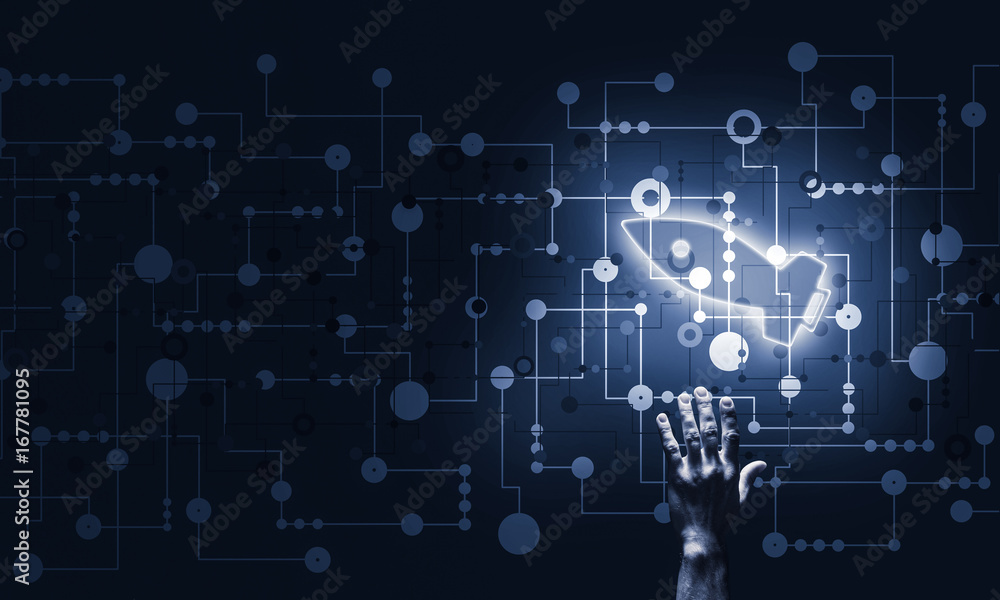 Technology idea concept with glowing rocket icon and touching it