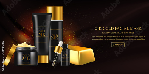 Skin care concept. Facial mask with gold 24k, golden water oil, skincare hydration moisturizer. Vector beauty concept.