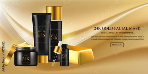Skin care concept. Facial mask with gold 24k, golden water oil, skincare hydration moisturizer. Vector beauty concept.