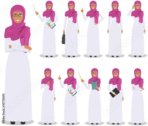 Business concept. Detailed illustration of muslim arabian businesswoman standing in different positions in flat style isolated on white background. Vector illustration.