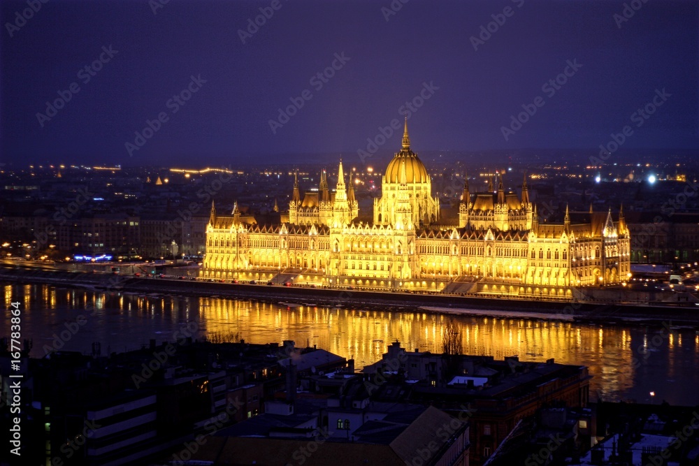 Hungarian Parliament at night in the blue hour.