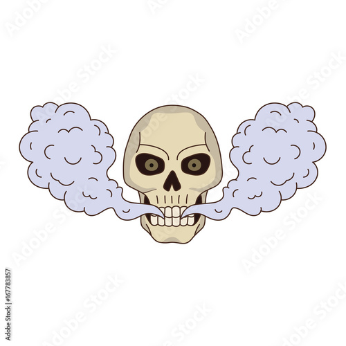 vector cartoon skull smoking, vaping isolated illustration on a white background. Human skull with eyes and teeth exhailing steam, smoke vapour. Vaping concept