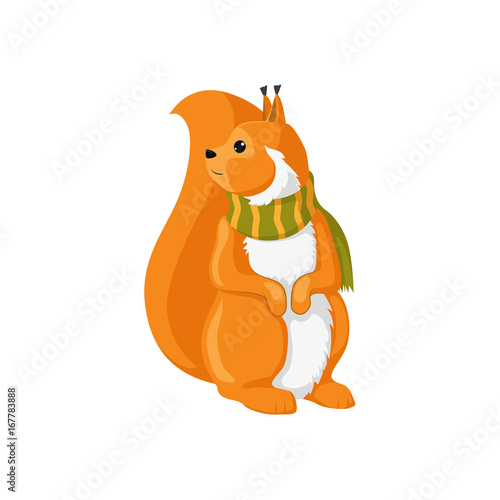 vector cartoon squirrel in green scarf. Isolated illustration on a white background. Autumn, harvest symbols objects concept