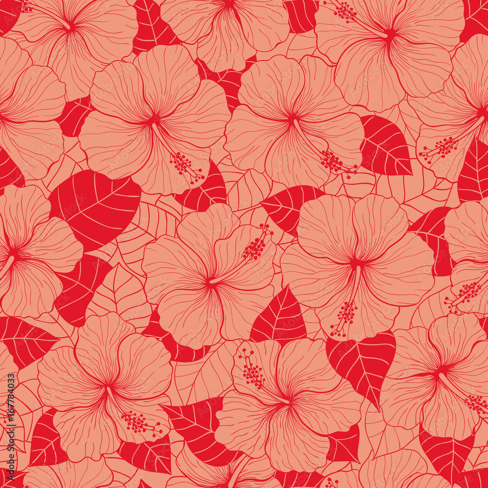 Seamless hand drawn pattern with hibiscus flowers and leaves