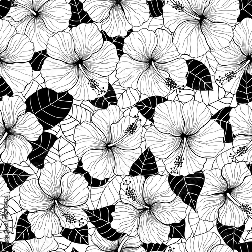 Seamless hand drawn pattern with hibiscus flowers and leaves