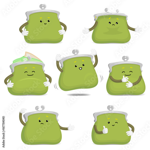 Cute and funny purse, wallet character showing various emotions, cartoon vector illustration isolated on white background. Funny green leather purse character, emoji, money symbol