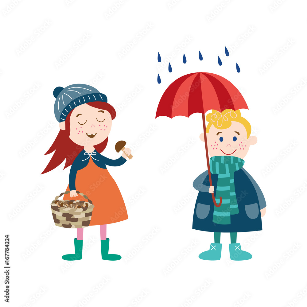 vector boy keeping umbrella under the rain, girl collecting mushroom in basket wearing autumn clothing set, cartoon isolated illustration on a white background Autumn activity kids concept vector boy keeping umbrella under the rain, girl collecting mushroom in basket wearing autumn clothing set, cartoon isolated illustration on a white background Autumn activity kids concept