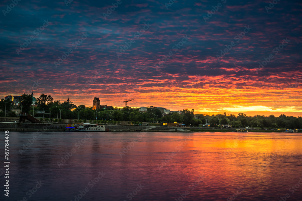 Sunset over the Vistula river in Warsaw, Poland