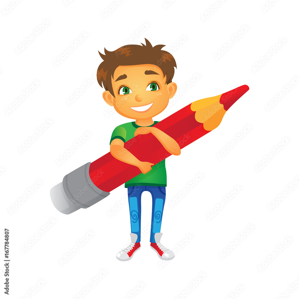 vector cartoon boy character keeps big pencil in hand smiling. Flat isolated illustration on a white background. Back to school concept vector cartoon boy character keeps big pencil in hand smiling. Flat isolated illustration on a white background. Back to school concept