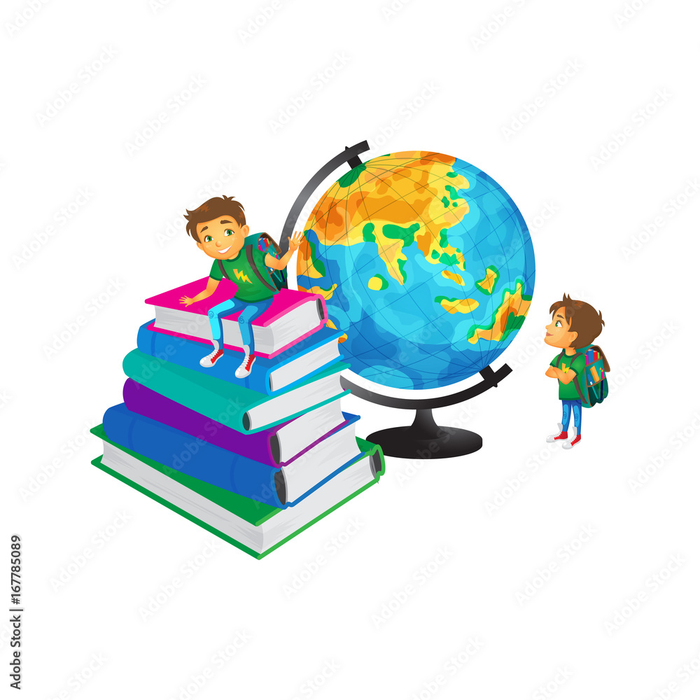 vector cartoon small schoolboy wearing schoolbag looks at big globe studying geography, another boy sits at big books pile . Isolated flat illustration on a white background. Back to school concept vector cartoon small schoolboy wearing schoolbag looks at big globe studying geography, another boy sits at big books pile . Isolated flat illustration on a white background. Back to school concept