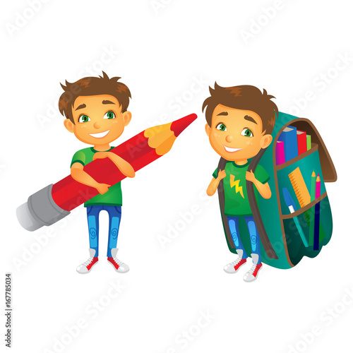 vector cartoon small schoolboy wearing big huge schoolbag full of books smiles, another boy keeping big pencil . Isolated flat illustration on a white background. Back to school concept