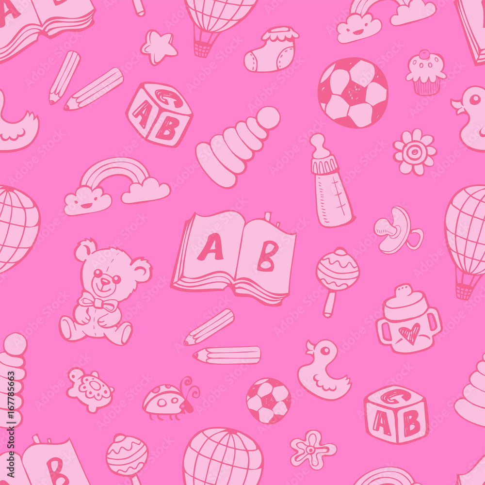 Seamless pattern with cute baby toys.