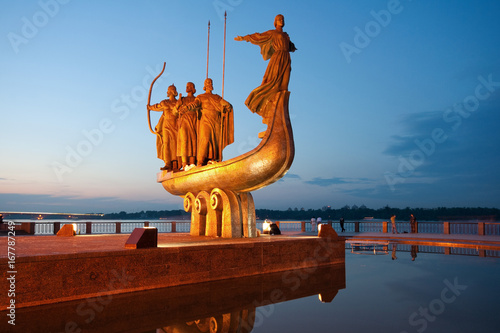 Monument to legendary founders of Kiev: Kiy, Schek, Khoryv and Lybid on Dnieper river coast, Kiev (Kyiv), Ukraine