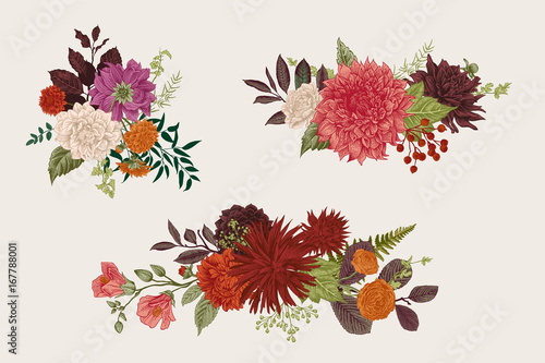 Summer and autumn set floral bouquets. Dahlias, Ruscus, Viburnum, Ranunculus. Modern floristics. Vector illustration. Colorful.