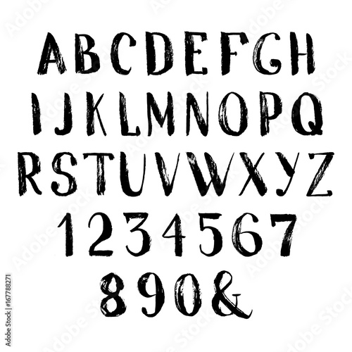 Grunge hand drawn font. Vector alphabet with numbers. Set of brush painted letters.