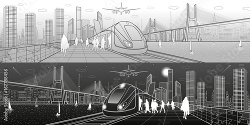 City and transport panorama. Passengers get on train, people at station. Airplane fly. Big bridge. Modern town on background, towers and skyscrapers. Yachts on water. White lines. Vector design art