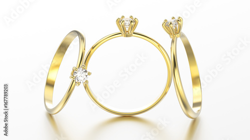 3D illustration three yellow gold traditional solitaire engagement diamond rings with reflection