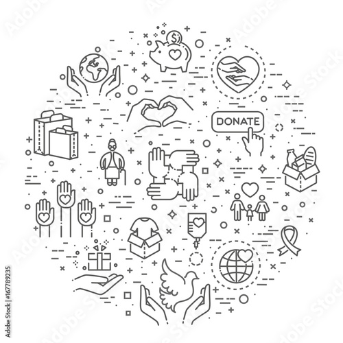 Charity - modern vector line design icons and pictograms set.