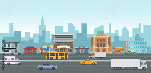 Urban landscape with modern buildings and market places. Different cars on the street. Vector illustrations in cartoon style