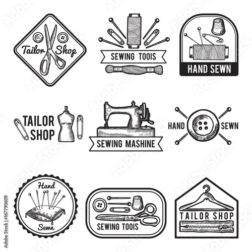 Black labels set for sewing shop. Fashion monochrome pictures