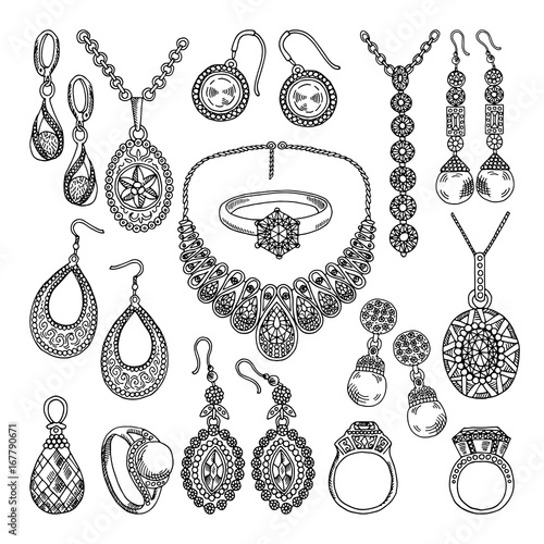 Golden and silver jewelry. Different diamonds and crystals. Hand drawing illustrations