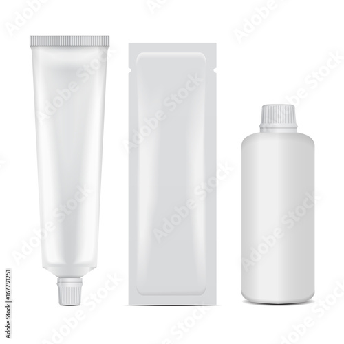 Hair coloring set package - tube, stick, bottle. Rrealistic mock up template